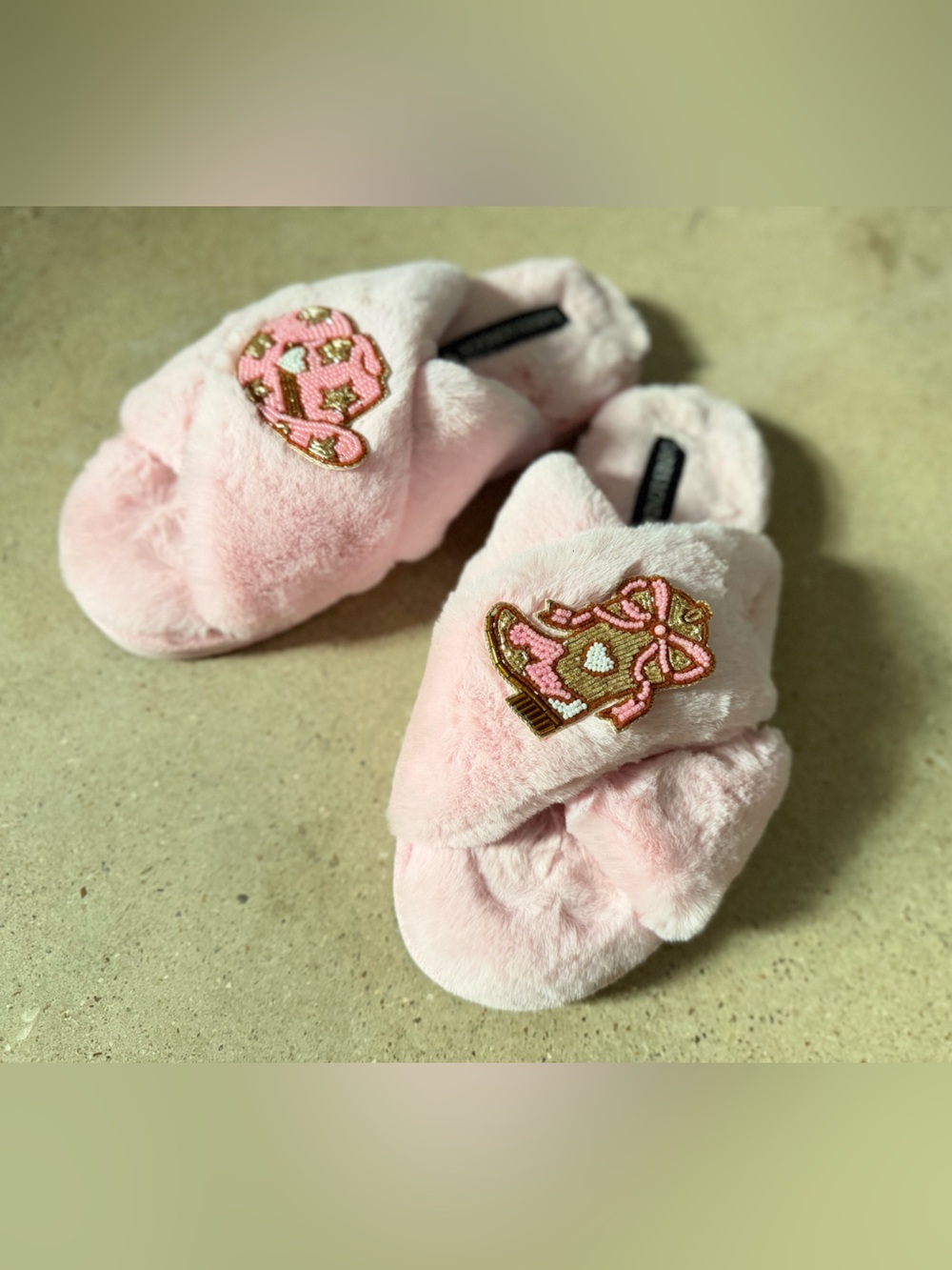 Laines London Pink Plush Slippers Beaded size 6